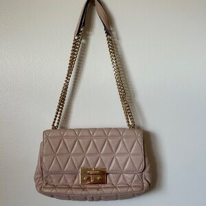 Michael Kors Quilted Shoulder Bag in Tan with Gold Chain